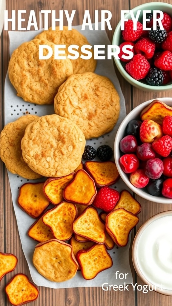 Healthy air fryer desserts including banana oat cookies, apple chips, and mixed berries on a wooden table with Greek yogurt.